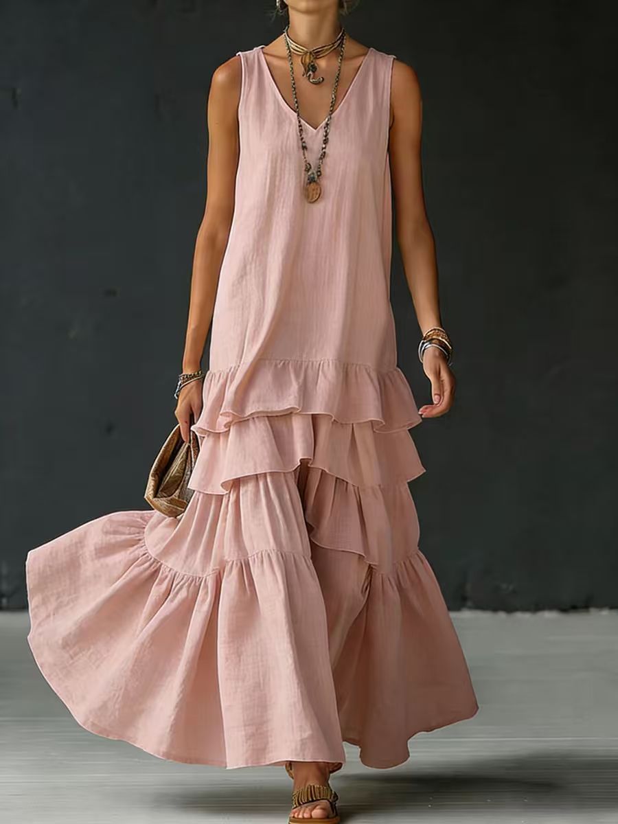 Solid-color Womens Loose-fitting Full-skirted Sleeveless Dress