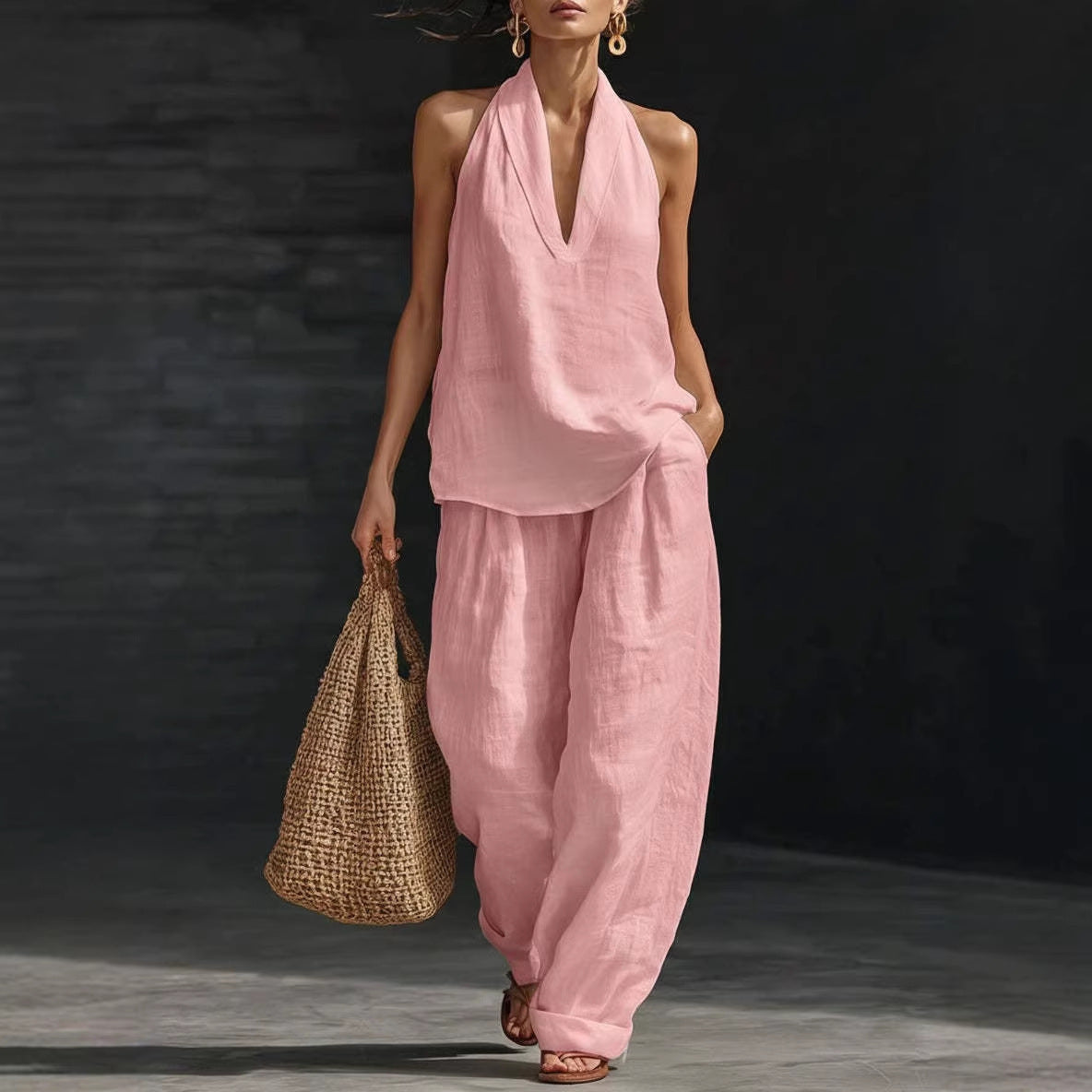 Spring And Summer New Arrival V-neck Halter Sleeveless Casual Women's Set