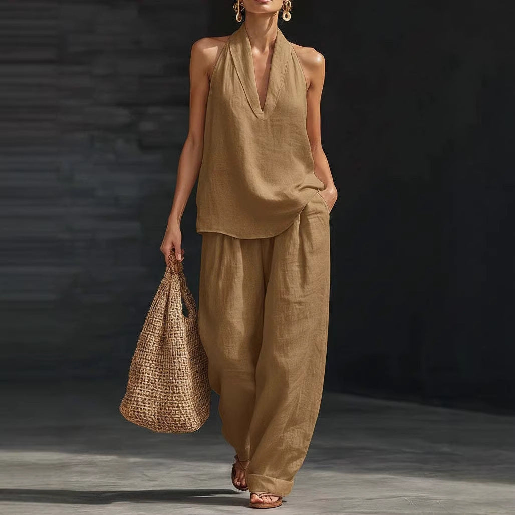 Spring And Summer New Arrival V-neck Halter Sleeveless Casual Women's Set