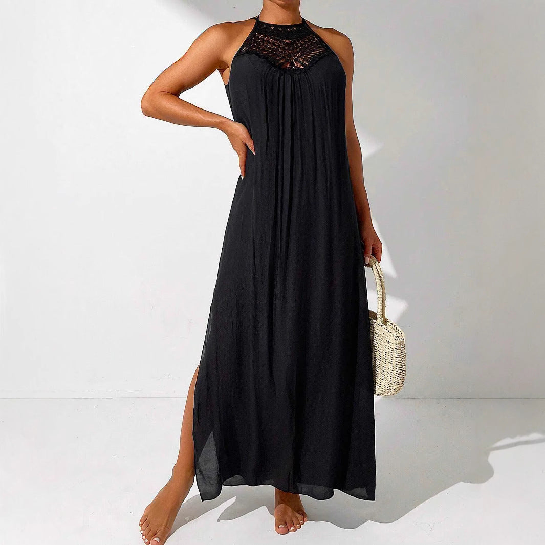 Womens Hollow-Out Lace Halterneck Beach Vacation Long Dress