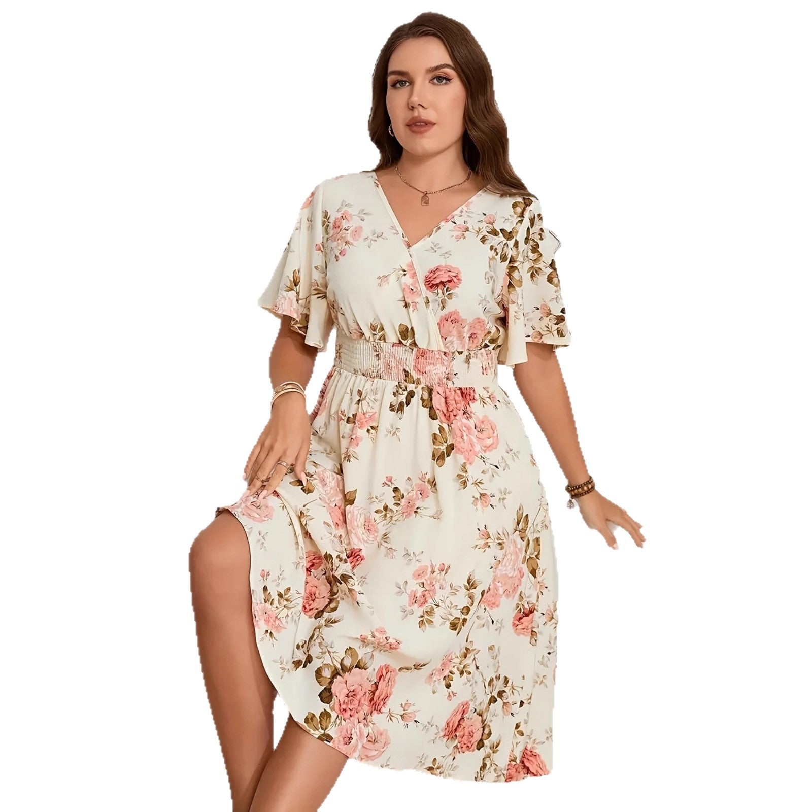 Womens Printed Cross-V-Neck Elastic-Waist Elegant Short-Sleeve Dress