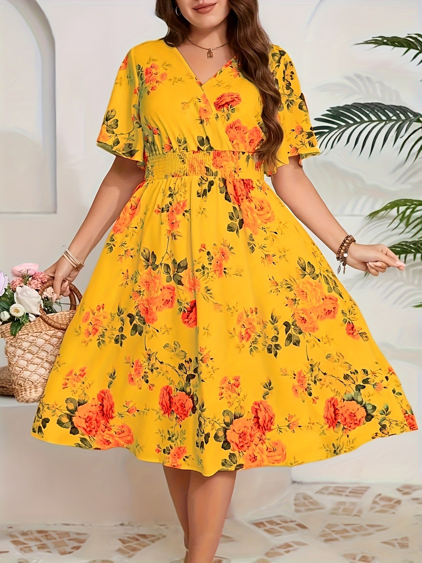 Womens Printed Cross-V-Neck Elastic-Waist Elegant Short-Sleeve Dress