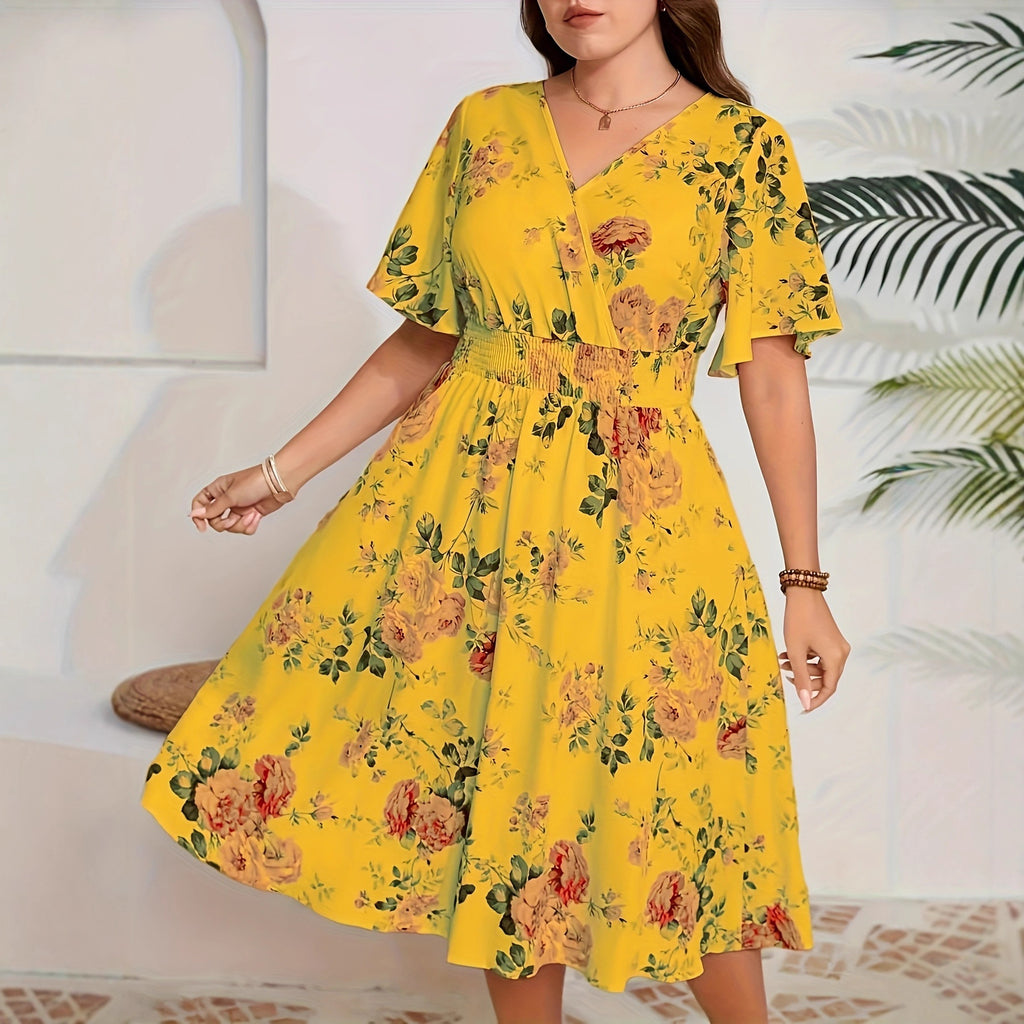 Womens Printed Cross-V-Neck Elastic-Waist Elegant Short-Sleeve Dress